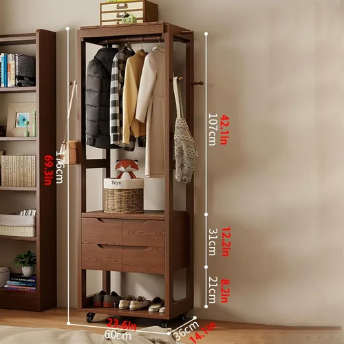 Vista 2 de Solid Wood Clothes Rack, 360° Movable Clothing Rack, Large Capacity Garment Rack with 4 Drawers and a Shoe Rack, Coat Rack for Entrance