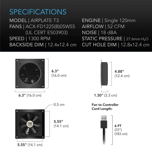 Vista 6 de AC Infinity AIRPLATE T3, sistema de ventilador de refrigeración silencioso de 6" con control de termostato, para gabinetes AV de cine en casa