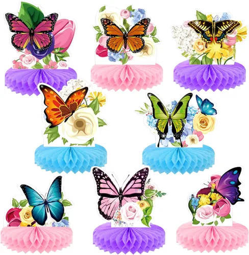 KatchOn, Centros de mesa grandes de mariposa de panal para mesas, paquete de 8, decoraciones de fiesta de mariposas, decoraciones de mariposa para