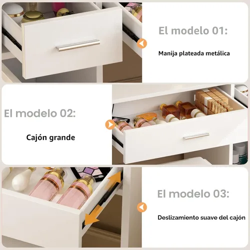 Vista 4 de Juego de Escritorio de Tocador de Maquillaje con Espejo de Luces LED y Silla, Mesa de Tocador con 7 Estantes de Almacenamiento y 3 Cajones, 3 Modos