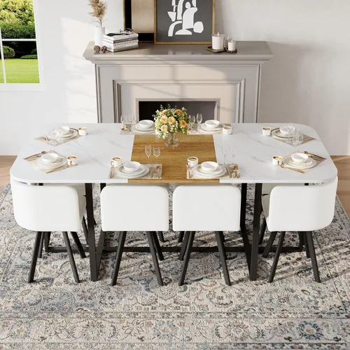 Vista 36 de Juego de mesa de comedor redonda de 39.5 pulgadas para 4, juego de mesa de comedor de 5 piezas con 4 sillas plegables, juego de sillas de mesa