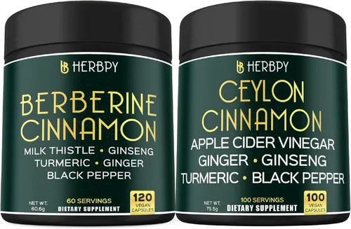 Herbpy Paquete de suplementos de berberina HCl 7 en 1 y canela de Ceilán 6 en 1 de primera calidad - Apoya la relajación, el sistema inmunológico y