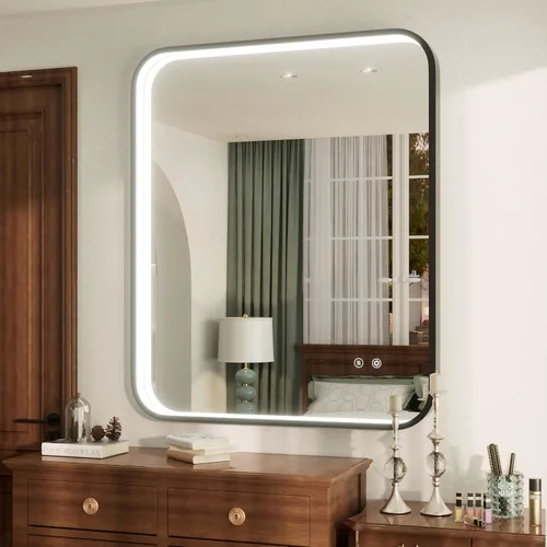 Vista 26 de Espejo de baño LED con marco negro de 16 x 24 pulgadas con luces, ajustable de 3000 K/4500 K/6000 K, espejos de tocador de baño iluminados