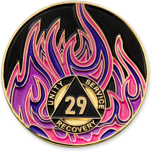Vista 76 de Medallón de recuperación AA chapado en oro de 1 año Twisted Flames - Negro/Rojo/Naranja/Amarillo