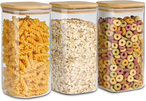 Vista 14 de ComSaf Recipientes de vidrio para almacenar pasta de espaguetis con tapas, juego de 3 recipientes de almacenamiento de alimentos altos transparentes