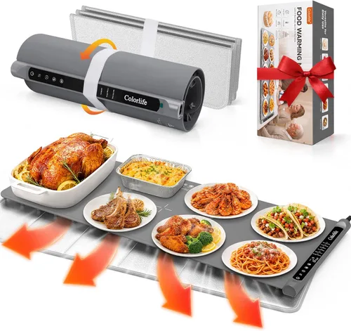 Tapete de calentamiento para alimentos, bandeja de calentamiento eléctrica Colorlife 6 modos preestablecidos, 7 temperaturas, temporizador de 6 Gris