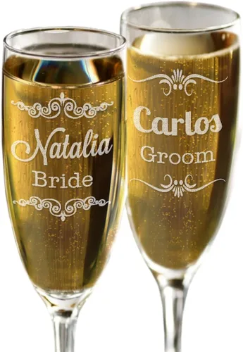 Juego de 2 copas de champán personalizadas con nombre grabado para boda recién casados