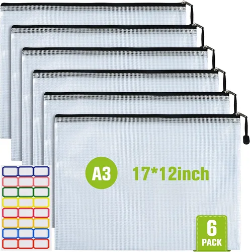 Bolsa de malla con cremallera, 6 bolsas de malla de plástico impermeable con cremallera, bolsa de documentos tamaño A3, bolsas de archivos con