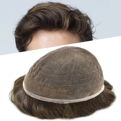 Vista 42 de Toupee para hombres, sistema de reemplazo de piezas de cabello humano real, encaje suizo suave, encaje frontal para hombres, pieza de pelo tipo