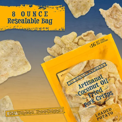 Vista 5 de Ol' Uncle Porkers Cortezas de cerdo aptas para dieta cetogénica fritas en aceite de coco, bolsas de 8 onzas