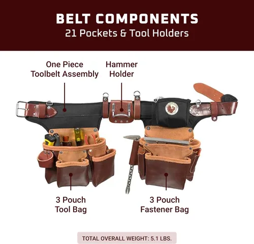 Vista 3 de Occidental Leather Cinturón de herramientas ajustable para Pro Framer – Mano izquierda – 21 bolsillos y portaherramientas – Fabricado en Estados