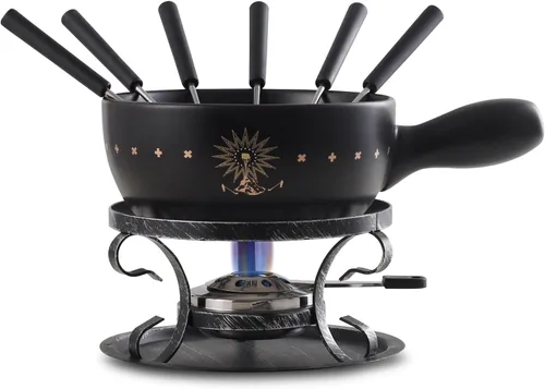 Artestia Juego de ollas de cerámica para fondue de 2.11 cuartos de galón, soporte de metal con 6 tenedores de fondue y patrón de Alpes suizos,
