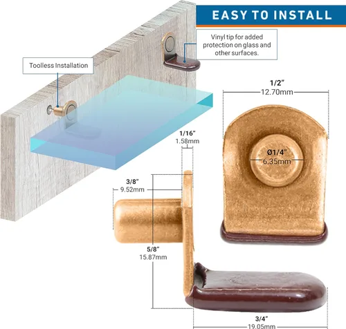 Vista 3 de Rok Hardware - Paquete de 25 clavijas de soporte de vidrio en forma de L de 1/4 pulgadas (0.250 in) con punta de vinilo, acabado de cobre antiguo