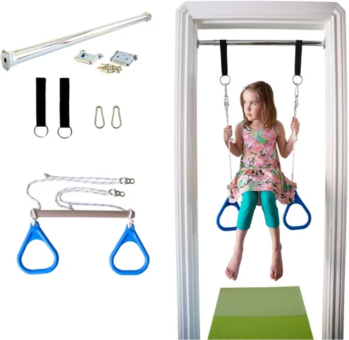 Interior columpio por DreamGym | Barra de Trapecio y anillas de gimnasia Combo para puerta de gimnasio – azul