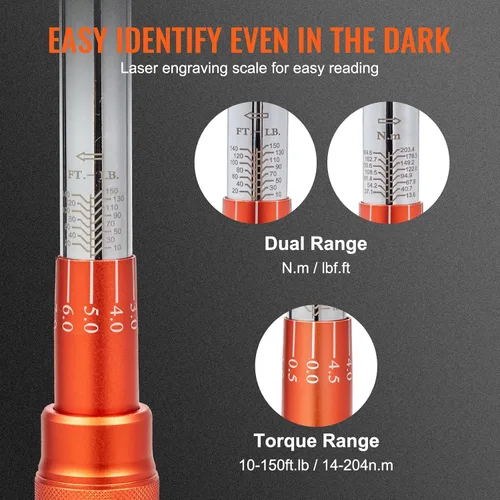 Vista 4 de VEVOR Llave dinamométrica de 1/2 pulgada con clic, escalas de doble rango mecánicas 10-150 pies.libras/14-204 Nm, de doble dirección ajustable