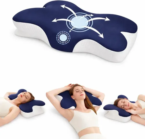 Vista 10 de Ergo - Almohada cervical para el cuello, almohada de espuma viscoelástica con doble altura, funda lavable transpirable, soporte de cuello y hombros
