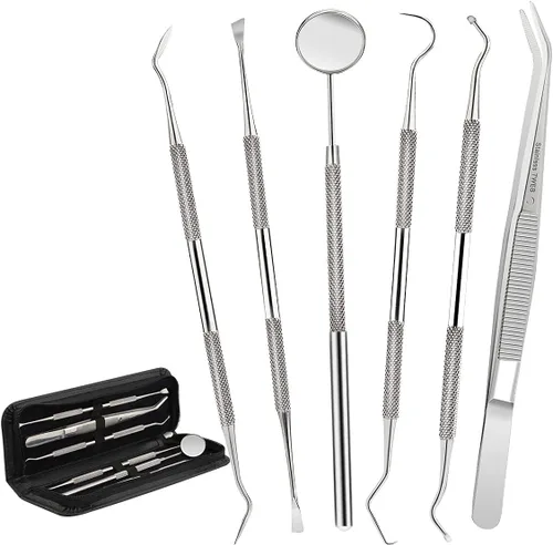 Juego de 6 herramientas dentales, juego de herramientas de higiene dental, raspador de dientes, removedor de placa, sarro, pinzas dentales, hilo