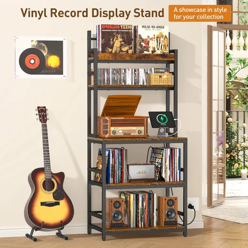 Vista 7 de Soporte grande para tocadiscos con estante de almacenamiento de vinilo, mesa para tocadiscos de 5 niveles con capacidad para más de 500 álbumes