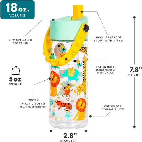 Vista 184 de Elemental Botellas de agua para niños – Botella de agua para niños Splash para la escuela con mango Pop-it – Botella de agua de plástico Tritan sin