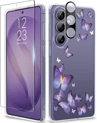 Vista 17 de GVIEWIN Funda protectora para Samsung Galaxy S25, transparente floral, delgada, a prueba de golpes, para mujer, no se pone amarilla, con protector