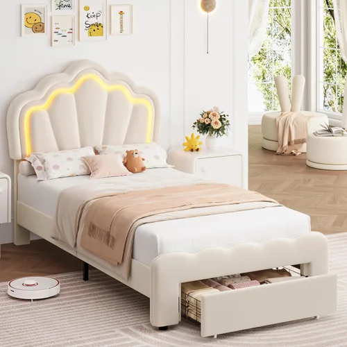 Vista 9 de HOSTACK Base de cama LED tapizada individual con cajones de almacenamiento, bonita cama para niños con cabecera de loto ajustable, marco de cama