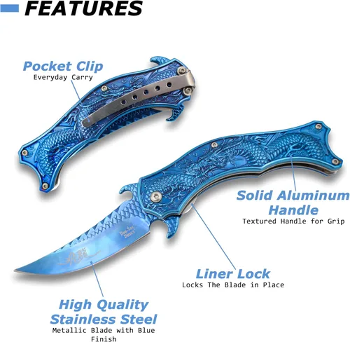 Vista 2 de Cuchillo asistido por resorte Dark Side Ballistics, DS-A019BL-MC, acero inoxidable 3CR13, recubierto de TiNite azul, tema de dragón, clip