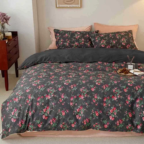 Nanko Juego de edredón floral tamaño Queen de 3 piezas, estampado de flores rosas negras y rojas con hojas verdes, relleno de edredón alternativo de