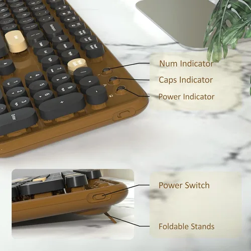 Vista 4 de Combos de teclados de computadora inalámbricos y mouse, teclado retro colorido de máquina de escribir COVEVA con teclas redondas, set de teclado