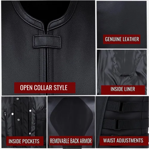 Vista 9 de Armor Biker - Chaleco ajustable de cuero para hombre, color negro