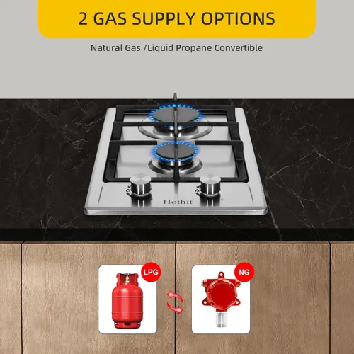 Vista 5 de Hothit Placa de cocina de gas propano de 2 quemadores, estufa de gas integrada de doble combustible GLP/NG de 12 pulgadas, estufa de gas