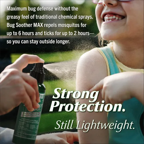Vista 3 de Bug Soother MAX Spray repelente de garrapatas y mosquitos natural – Protección contra insectos extra fuerte para exteriores, fórmula a base