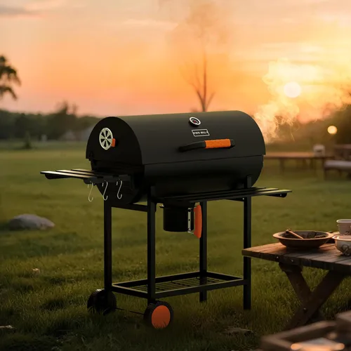 Vista 2 de KEYO GRILL Parrilla de carbón de barril de 29 pulgadas, parrilla de barbacoa resistente con tenedor manual para carne, colector de cenizas