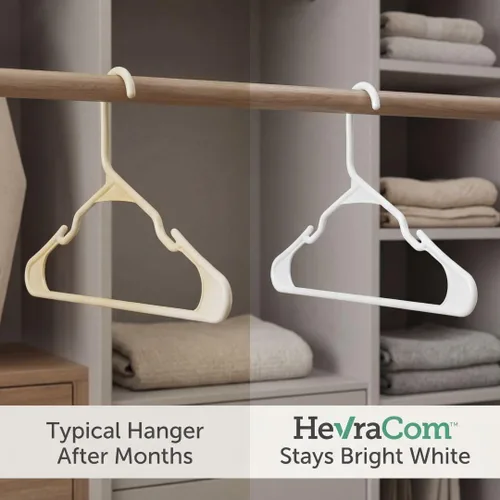 Vista 4 de HevraCom Paquete de 50 perchas de plástico color blanco, resistentes y duraderas, antideslizantes, perchas para armario, ahorro de espacio