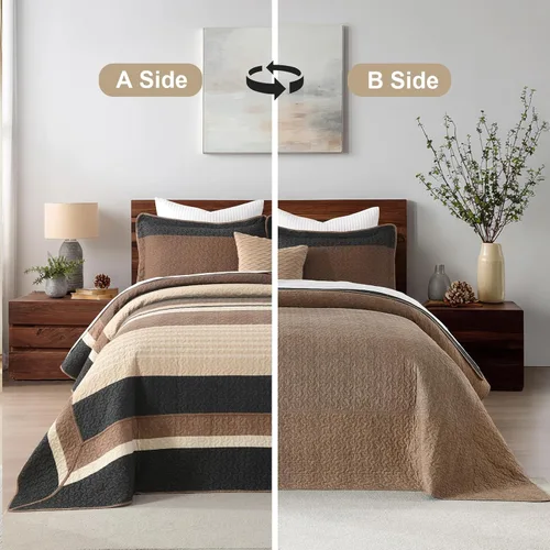 Vista 15 de Finlonte Colcha tamaño King, 100% algodón, colcha de gran tamaño King de tamaño King, color marrón carbón, beige, California King, acolchada, a