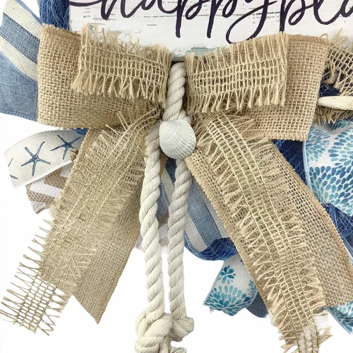 Vista 4 de Beautiful Blue Burlap Artisan “Welcome to our happy place” Beach, Coastal, Tropical Wreath with Nautical Rope, Starfish, and Sea Shells