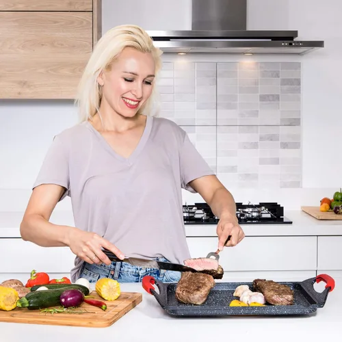 Vista 13 de Moss & Stone Sartén antiadherente de 12 pulgadas para cocinar en interiores, sartén de aluminio fundido para estufa e inducción, apta