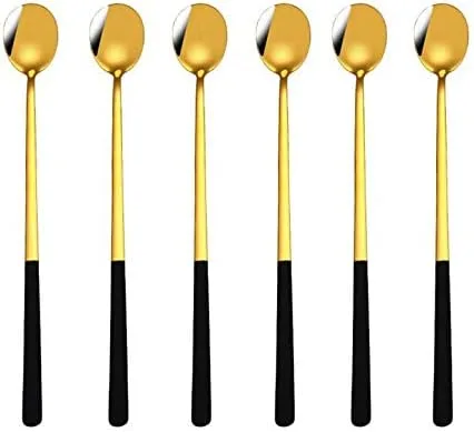 Paquete de 6 cucharas de café helado de oro negro de 9 pulgadas, cucharadita helada para mezclar cóctel, agitar, té, batido, bebida fría, acero