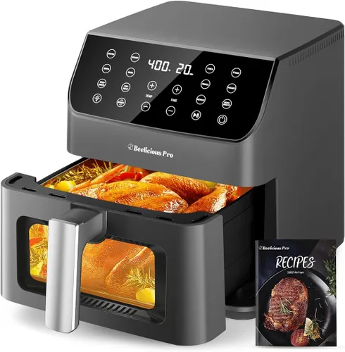 Beelicious Large Air Fryer, 12-in-1 Digital Airfryer with Window, Dishwasher Safe, 5.8Qt, 40+ Recipes, Flavor-Lock Tech, Shake Reminder, Compact,