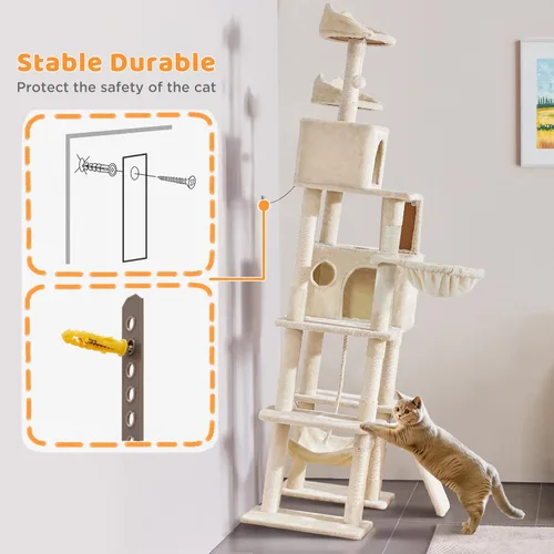 Vista 8 de Yaheetech Árbol para gatos, torre grande de 82.5 pulgadas con hamaca, 2 perchas con orejas de gatito, 2 acogedores condominios, postes rascadores