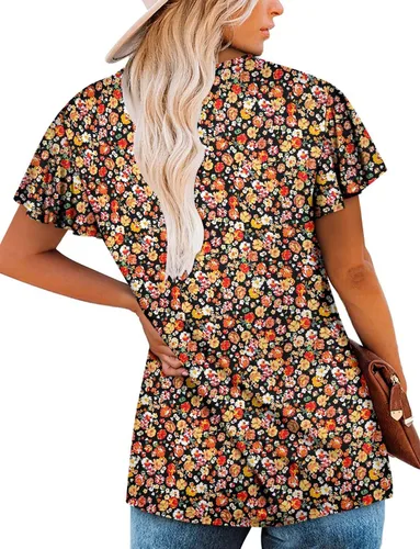 Vista 4 de ROSELINLIN Blusa de verano de manga corta con volantes y cuello en V para mujer