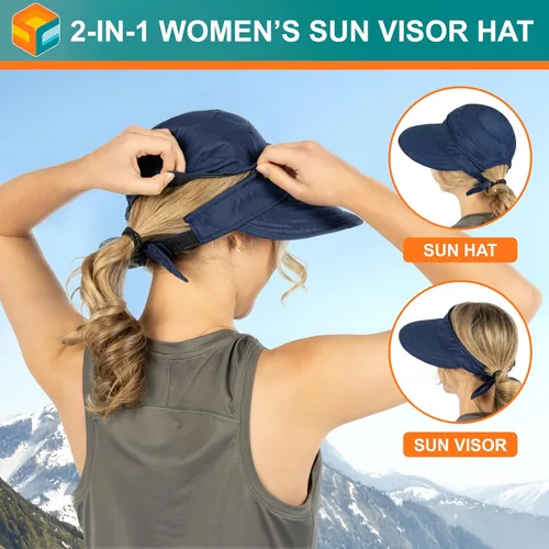 Vista 14 de SUN CUBE Sombrero de sol para mujer para protección UV al aire libre, sombrero de sol de ala ancha, cola de caballo, sombrero de playa convertible