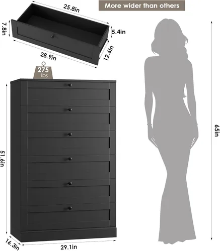 Vista 3 de Hostack - Cómoda de 6 cajones para dormitorio, cómoda de 52" de alto y cómoda de cajones, cómoda de cajones de madera de 29" de ancho, gabinete