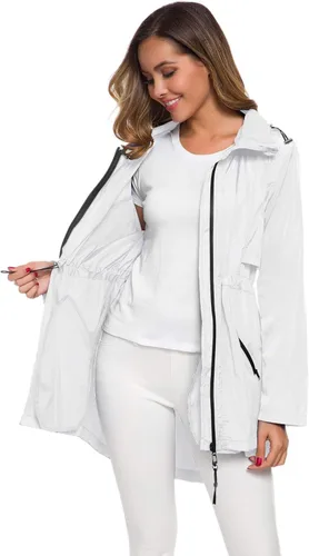 Vista 3 de Avoogue Impermeable largo para mujer con capucha para exteriores, ligera, rompevientos impermeable