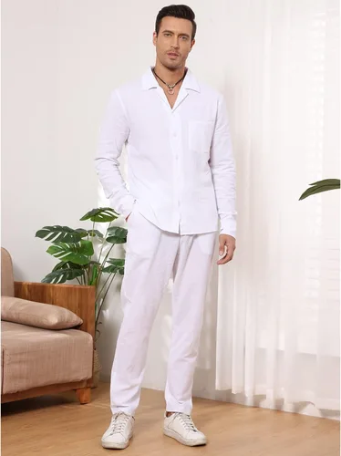 Vista 4 de EndoraDore Men's Outfits Linen Button Down Long Sleeve Shirt And Casual Beach Drawstring Waist Pants 2 Piece Set