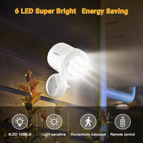 Vista 2 de ASOFTY Luz de exterior con sensor de movimiento, funciona con pilas, 6 LED de 1000 lúmenes inalámbricos con control remoto, IP65 impermeable 6000 K