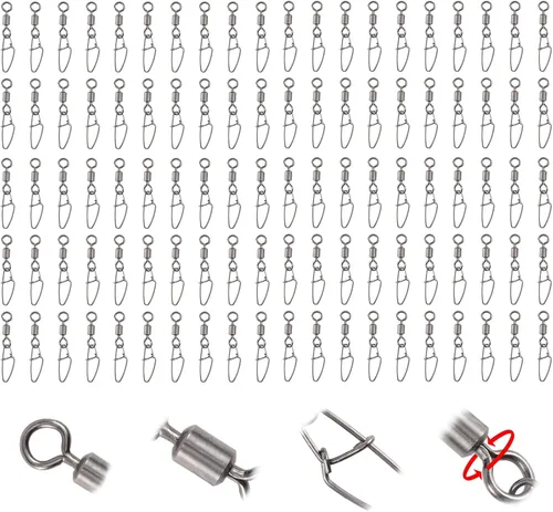 Goture 100pcs Duo Lock Fishing Swivels Stainless Steel Barrel Ring Snap Fishing Rolling Swivel Ball Free Rotation Swivels Cross-line with Black