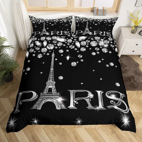Vista 29 de Erosebridal Juego de ropa de cama de París para niñas y adolescentes, funda de edredón de la Torre Eiffel, tamaño Queen, funda de edredón