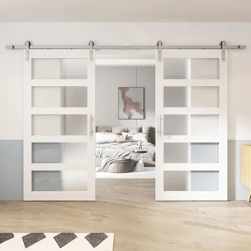 BARNSMITH Puerta de granero de doble vidrio de 64 x 84 pulgadas con kit de herrajes para puerta corrediza de níquel de 11 pies incluido y asa,