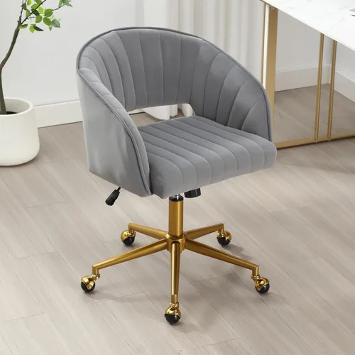Vista 36 de ABET Silla de escritorio con ruedas, silla de terciopelo para oficina en casa, sillón giratorio con base dorada, sillas decorativas modernas
