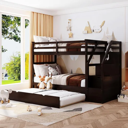 Vista 180 de Harper & Bright Designs Litera de tamaño matrimonial sobre matrimonial con 3 cajones, litera de madera maciza con almacenamiento y riel de Gris